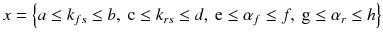 $$ x = \left\{ {a \le k_{fs} \le b,{\text{ c}} \le k_{rs} \le d,{\text{ e}} \le \alpha_{f} \le f,{\text{ g}} \le \alpha_{r} \le h} \right\} $$