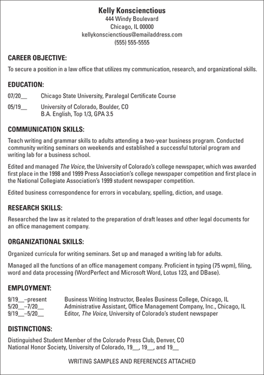 Illustration of a sample resume that highlights the communication, research, and organizational skills of a person over law office experience.