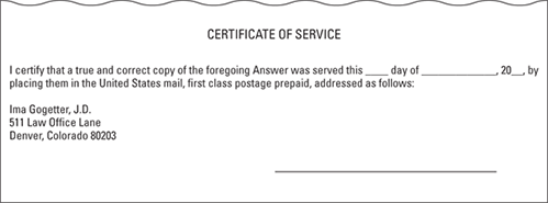 Illustration of the continuation of the sample answer in the caption format, from the attorney of the defendant, presenting the certificate of service.