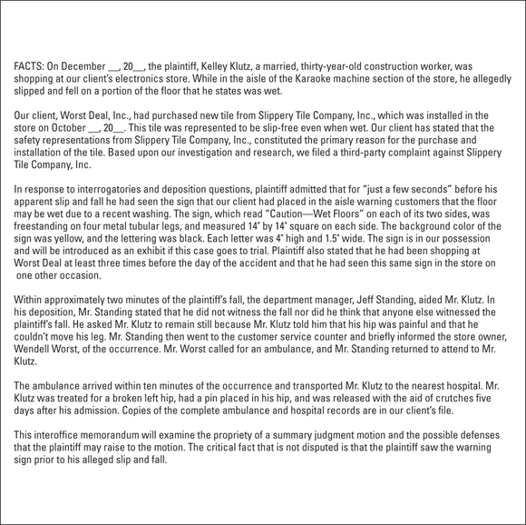 Illustration displaying a brief outline of the facts of a case that can be used in a legal analysis.