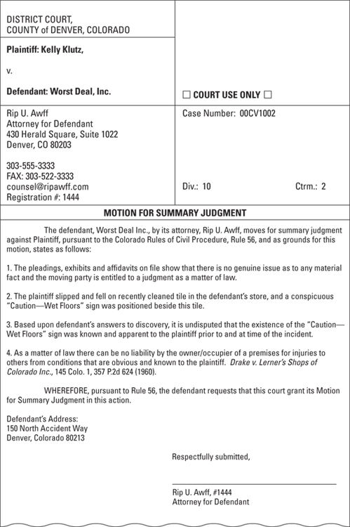 Illustration presenting a sample motion for summary judgment, consisting of an introductory statement, a list of reasons why the court should grant the motion, and a request that the court grant the motion.