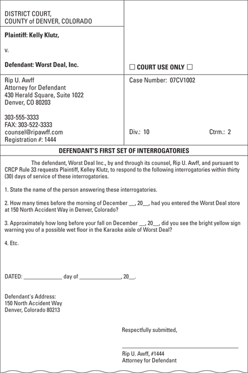 Illustration of a sample of the defendant's first set of interrogatories submitted by the attorney of the defendant.