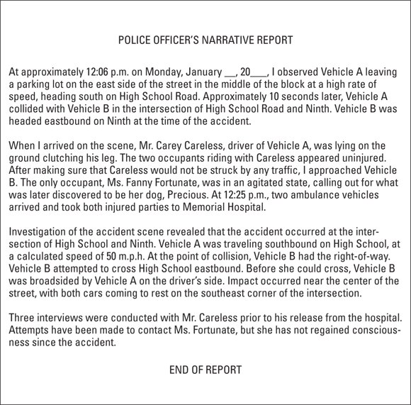 Illustration displaying a police officer's narrative report providing the preliminary information before meeting the client of a particular case.