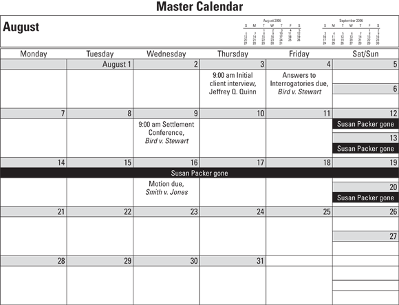 Chart displaying a master calendar that keeps track of all the important events for the entire office, for two weeks.