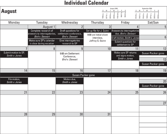 Chart displaying an individual calendar that keeps track of a person's own schedule or an attorney's traveling schedule.