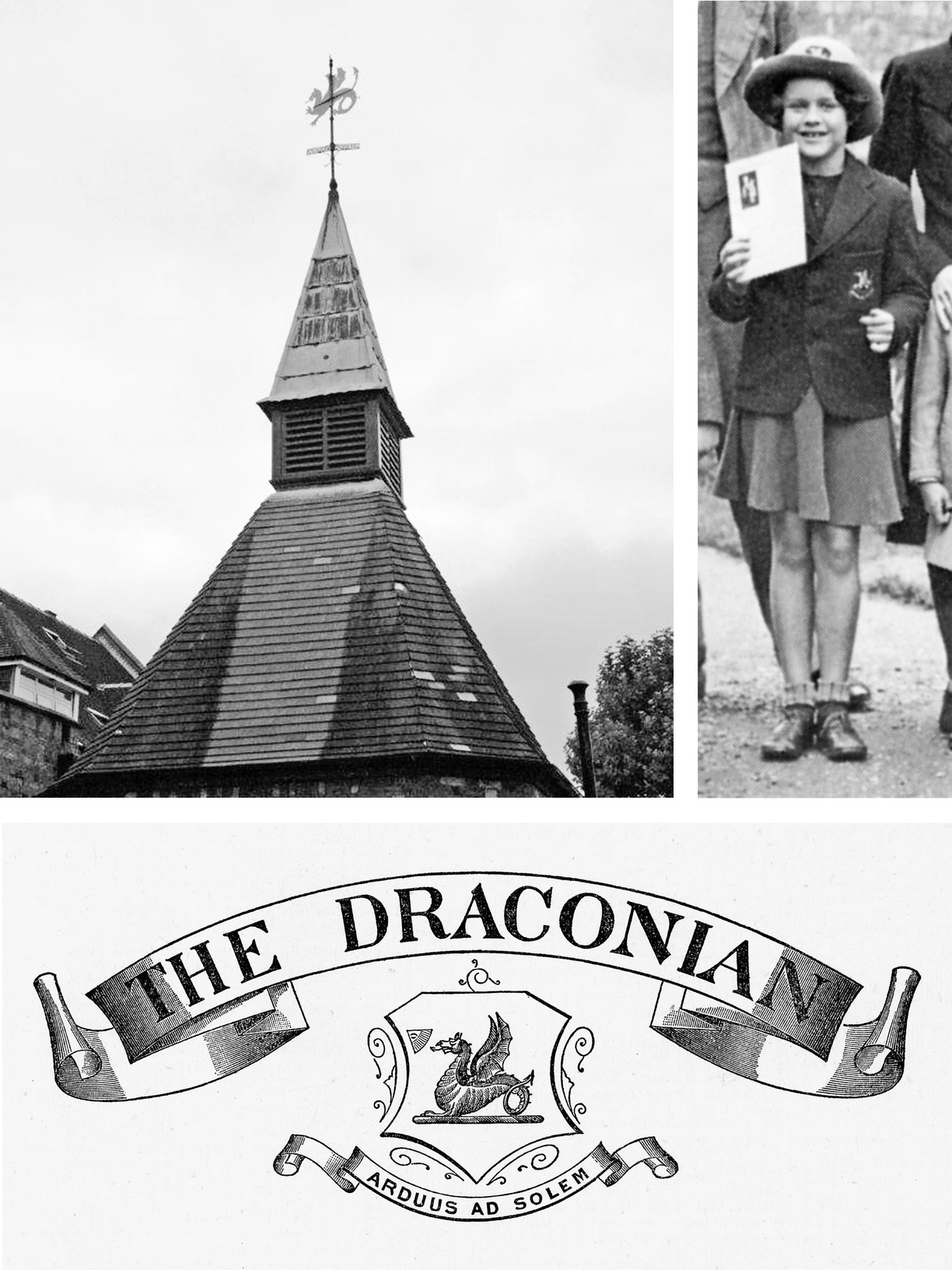 The symbolic dragon was omnipresent at the Dragon School, seen here in the crest on my blazer, on my hat, on the title page of the school magazine, and on the weathervane above the boys’ changing room.   Dragon School, Oxford  