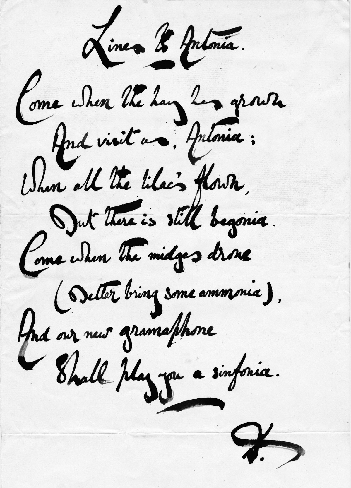 A poem written to me by Great-Uncle Eddie with his characteristic quill pen; it was subsequently published in  Punch  to my great pride. 