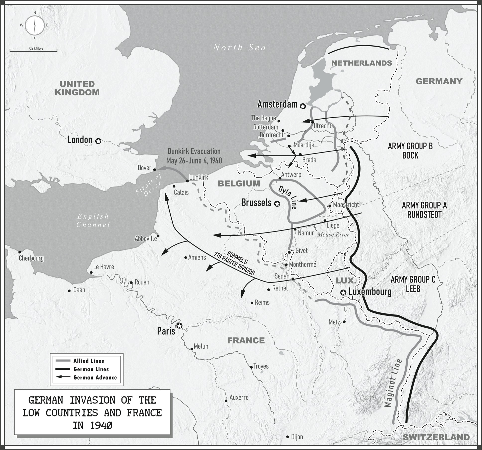 Map of German invasion of the low countries and France in 1940