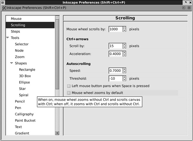 A floating tooltip on the Scrolling page of the Inkscape Preferences dialog explains one of the options.