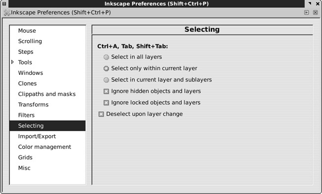 The Selecting tab of the Inkscape Preferences dialog