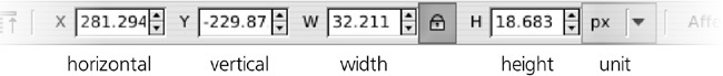 The Selector tool’s controls bar: the X, Y, W, and H fields