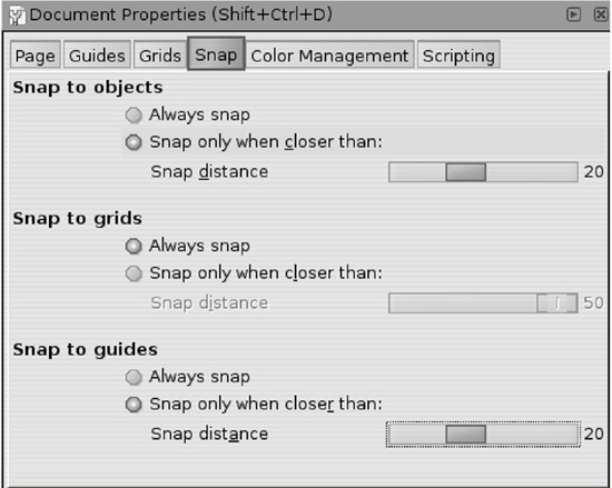 Snapping options in Document Properties