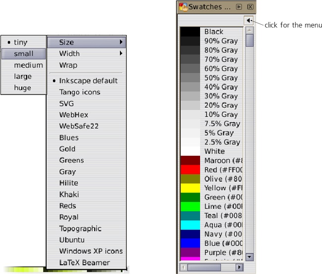 The Palette menu (left) and the Swatches dialog (right) in the List format showing colors with their names