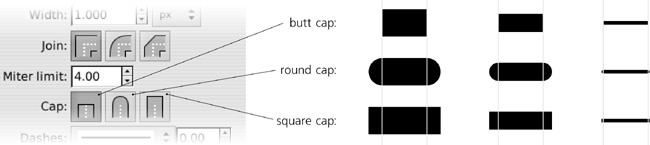 Stroke cap options in the Fill and Stroke dialog