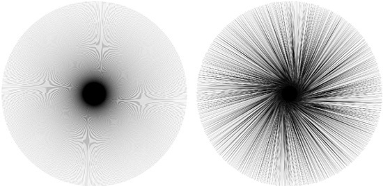 A 500-vertex star without randomization (left) and randomized by 0.005 (right)