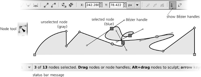 Nodes and Bézier handles in the Node tool