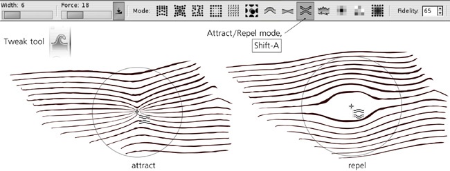 The Attract/Repel mode of the Tweak tool