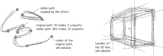 The Sketch effect () applied to a path (left) and to a 3D box (right)