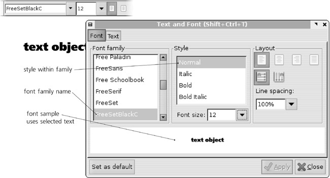 The Text and Font dialog