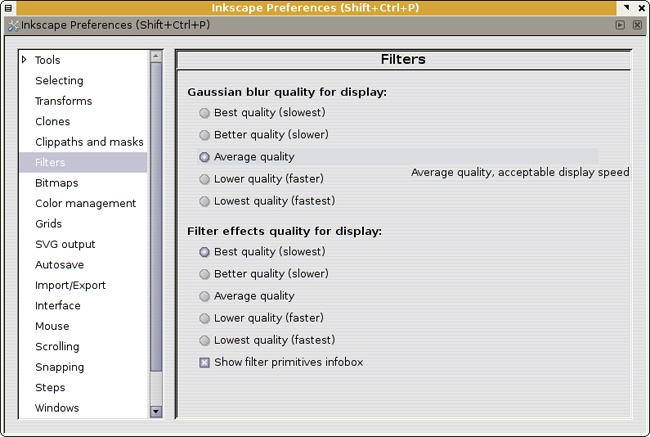 The Filters tab of the Inkscape Preferences dialog