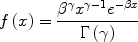 
$$f\left(x \right) = \frac{{\beta}^\gamma x^{\gamma - 1} e^{- \beta x}}{{\Gamma \left(\gamma \right)}}$$
