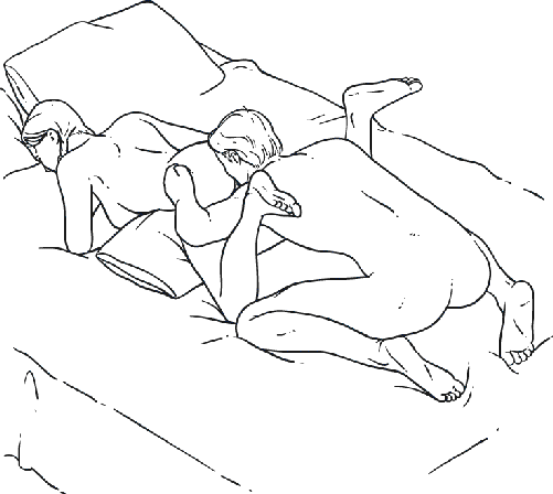 Illustration of female oral sex, man from behind