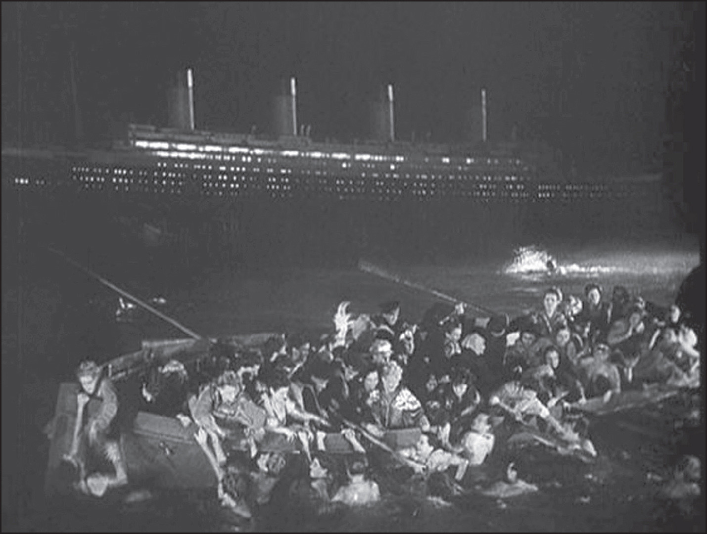 The Titanic sinking and lifeboats, from the film, 1943