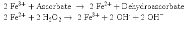 $$ \begin{array}{l}2\ {\mathrm{Fe}}^{3+} + \mathrm{Ascorbate}\ \to\ 2\ {\mathrm{Fe}}^{2+} + \mathrm{Dehydroascorbate}\\ {}2\ {\mathrm{Fe}}^{2+} + 2\ {\mathrm{H}}_2{\mathrm{O}}_2\to\ 2\ {\mathrm{Fe}}^{3+} + 2\ {\mathrm{O}\mathrm{H}}^{\cdotp } + 2\ {\mathrm{O}\mathrm{H}}^{-}\end{array} $$