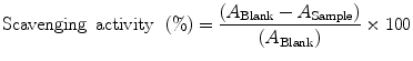 $$ \mathrm{Scavenging}\kern0.5em \mathrm{activity}\kern0.5em \left(\%\right)=\frac{\left({A}_{\mathrm{Blank}}-{A}_{\mathrm{Sample}}\right)}{\left({A}_{\mathrm{Blank}}\right)}\times 100 $$