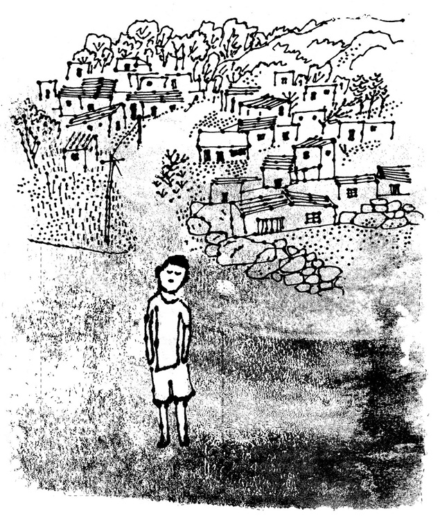 Boy standing at the bottom of a path; a village, trees, and hills in the background.