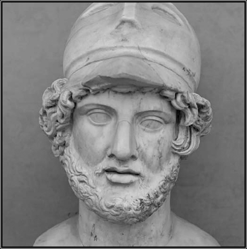 Marble bust of Pericles wearing Corinthian helmet, artist unknown.