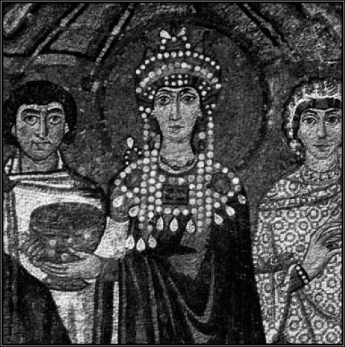 Byzantine mosaic depicting Empress Theodora flanked by a chaplain and court lady.