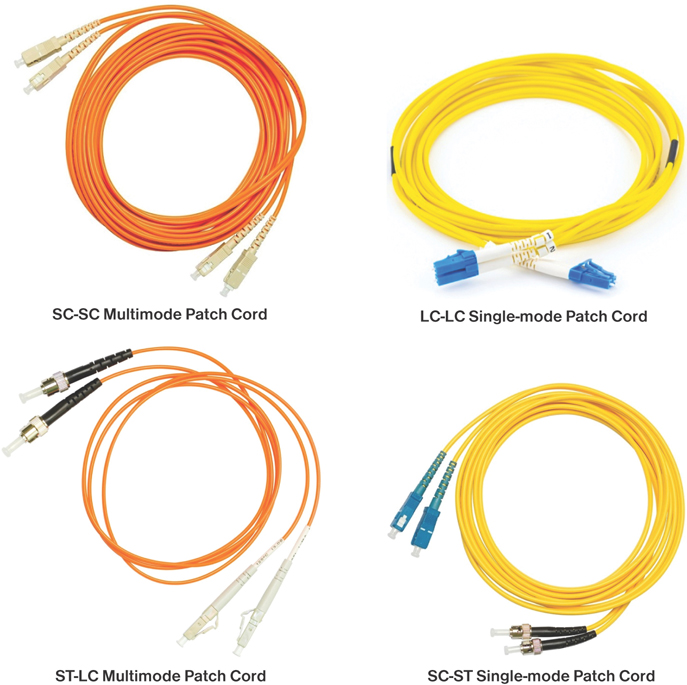 A SC-SC Multimode Patch Cord, a LC-LC Single-mode Patch Cord, a ST-LC Multimode Patch Cord, and a SC-ST Single-mode Patch Cord are shown.