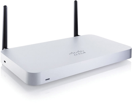 A Cisco Meraki MX64W double antenna WIFI router is shown.