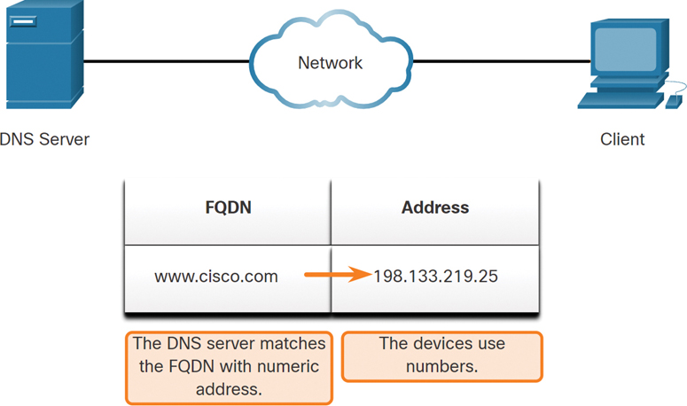 In the figure the DNS server, network cloud, and client PC are connected. The DNS matches the FQDN www.cisco.com matched to the IP address 198.133.219.25.