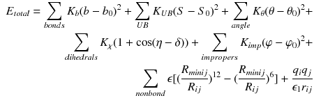 $$\begin{aligned} \begin{aligned} E_{total} = \displaystyle \sum _{bonds}K_b(b-b_0)^2 + \displaystyle \sum _{UB}K_{UB}(S-S_0)^2 + \displaystyle \sum _{angle}K_{\theta }(\theta - \theta _0)^2 + \\ \displaystyle \sum _{dihedrals}K_\chi (1+\cos (\eta -\delta )) + \displaystyle \sum _{impropers}K_{imp}(\varphi - \varphi _0)^2 + \\ \displaystyle \sum _{nonbond}\epsilon [(\frac{R_{minij}}{R_{ij}})^{12} - (\frac{R_{minij}}{R_{ij}})^6 ] + \frac{q_iq_j}{\epsilon _1r_{ij}} \end{aligned} \end{aligned}$$