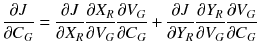 $$ \frac{\partial J}{{\partial C_{G} }} = \frac{\partial J}{{\partial X_{R} }}\frac{{\partial X_{R} }}{{\partial V_{G} }}\frac{{\partial V_{G} }}{{\partial C_{G} }} + \frac{\partial J}{{\partial Y_{R} }}\frac{{\partial Y_{R} }}{{\partial V_{G} }}\frac{{\partial V_{G} }}{{\partial C_{G} }} $$