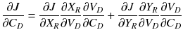 $$ \frac{\partial J}{{\partial C_{D} }} = \frac{\partial J}{{\partial X_{R} }}\frac{{\partial X_{R} }}{{\partial V_{D} }}\frac{{\partial V_{D} }}{{\partial C_{D} }} + \frac{\partial J}{{\partial Y_{R} }}\frac{{\partial Y_{R} }}{{\partial V_{D} }}\frac{{\partial V_{D} }}{{\partial C_{D} }} $$