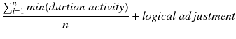 $$ \frac{{\mathop \sum \nolimits_{i = 1}^{n} min(durtion\; activity)}}{n} + logical \;adjustment $$