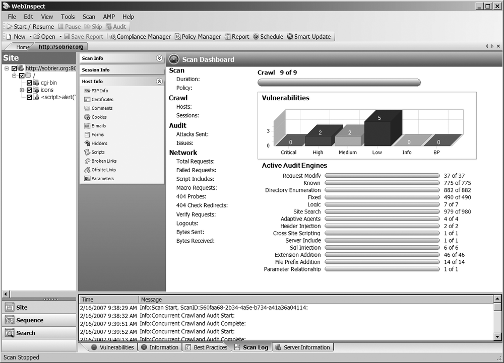 WebInspect scan result summary