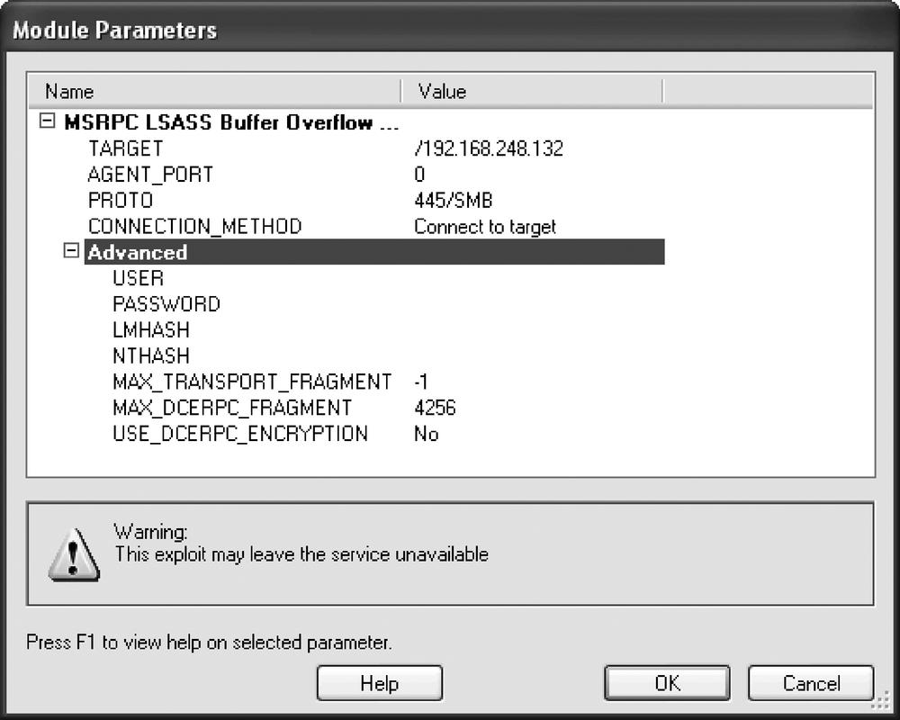 Exploit Module Parameters window