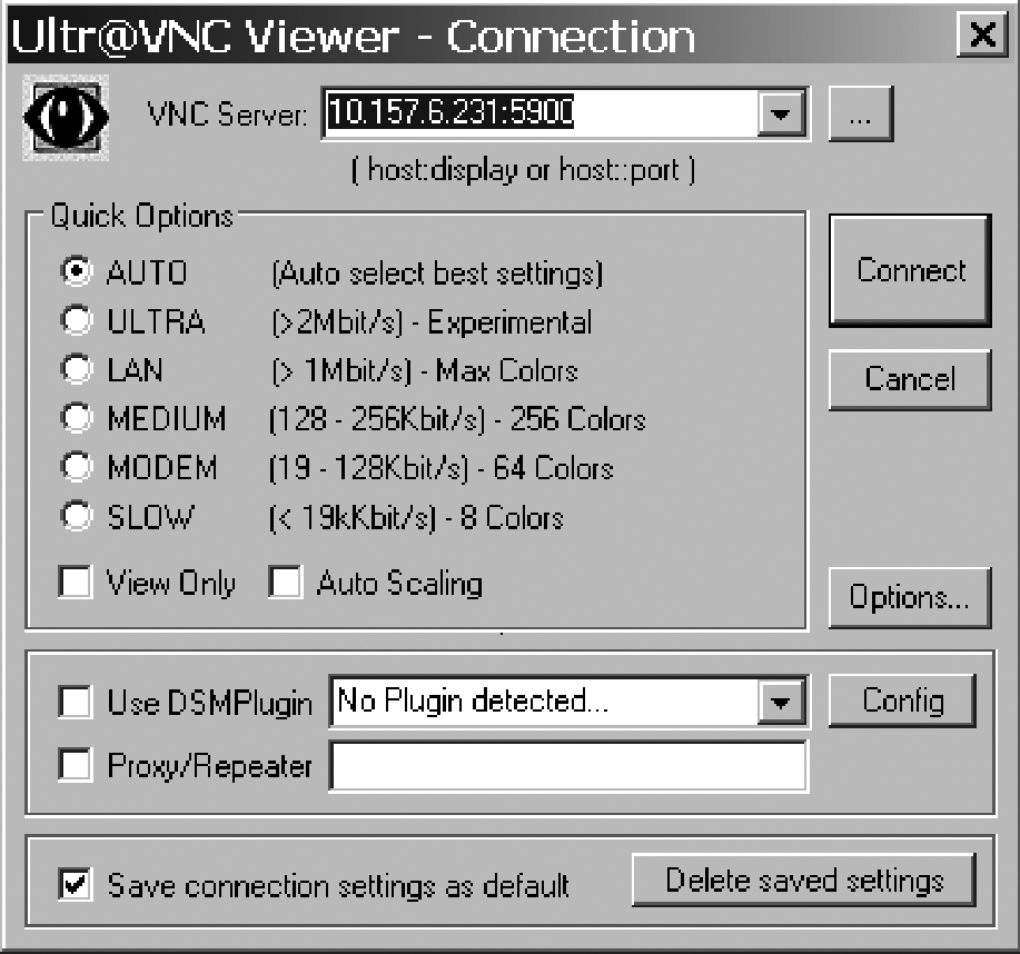 UltraVNC Viewer Connection window