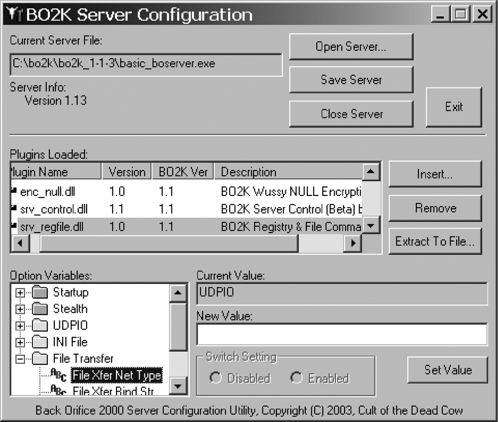 The BO2k server, fully loaded and configured