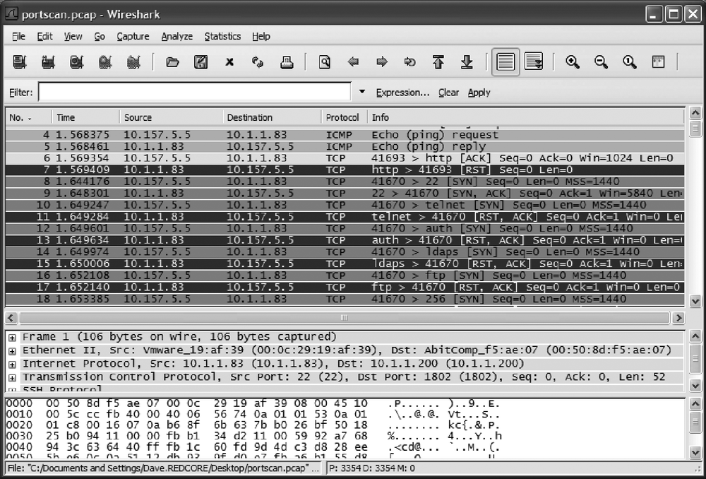 Wireshark capture of a port scan against a Linux server