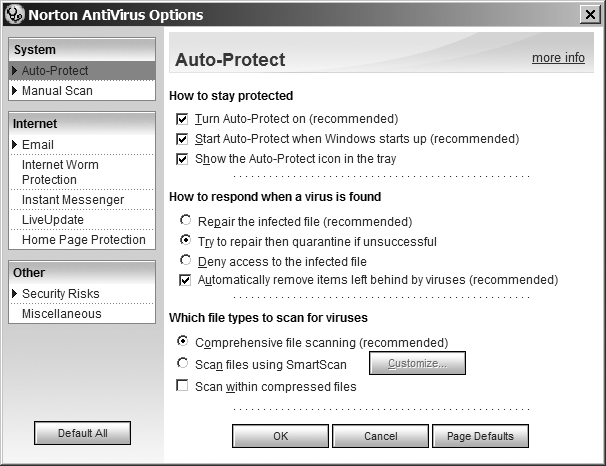 Norton Antivirus Auto-Protect options