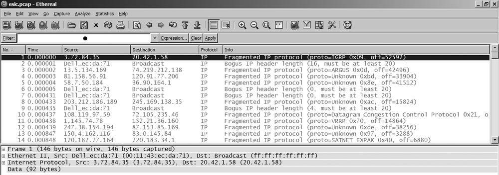 Packets generated by esic seen in Ethereal/Wireshark