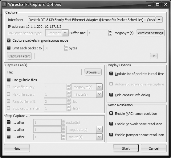 Wireshark Capture Options window