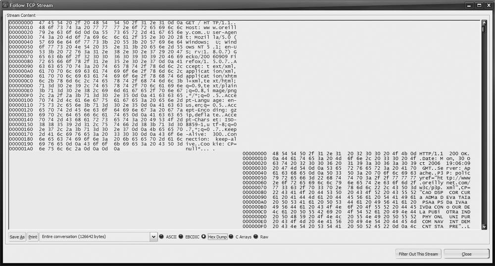 Follow TCP Stream window in Hex Dump mode