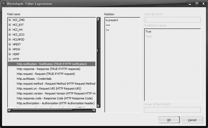 Wireshark Filter Expression window