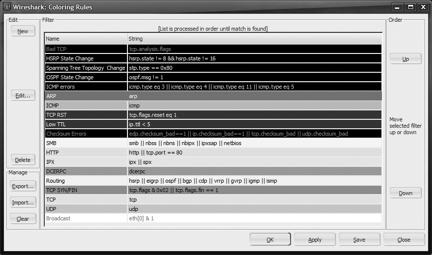 Packet Coloring Rules window